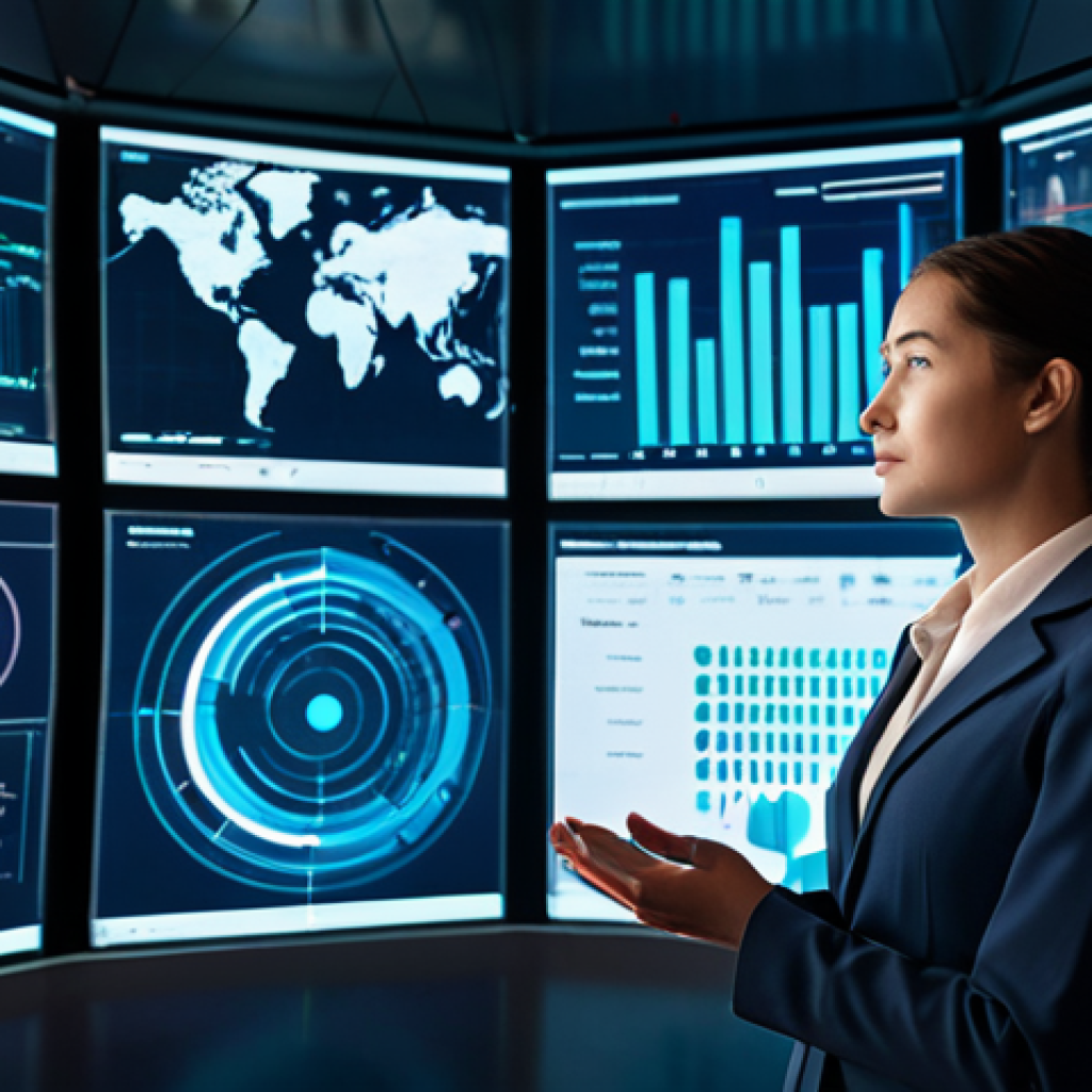 A professional female AI specialist, fully clothed in a modest business suit, stands in a modern, high-tech data analysis hub. She interacts with a large, translucent holographic display showcasing complex social media data visualizations, including charts, graphs, and sentiment word clouds. The environment features soft, futuristic lighting. Perfect anatomy, correct proportions, natural pose, well-formed hands, proper finger count, natural body proportions, professional photography, high resolution, safe for work, appropriate content, family-friendly.