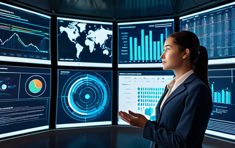 A professional female AI specialist, fully clothed in a modest business suit, stands in a modern, high-tech data analysis hub. She interacts with a large, translucent holographic display showcasing complex social media data visualizations, including charts, graphs, and sentiment word clouds. The environment features soft, futuristic lighting. Perfect anatomy, correct proportions, natural pose, well-formed hands, proper finger count, natural body proportions, professional photography, high resolution, safe for work, appropriate content, family-friendly.