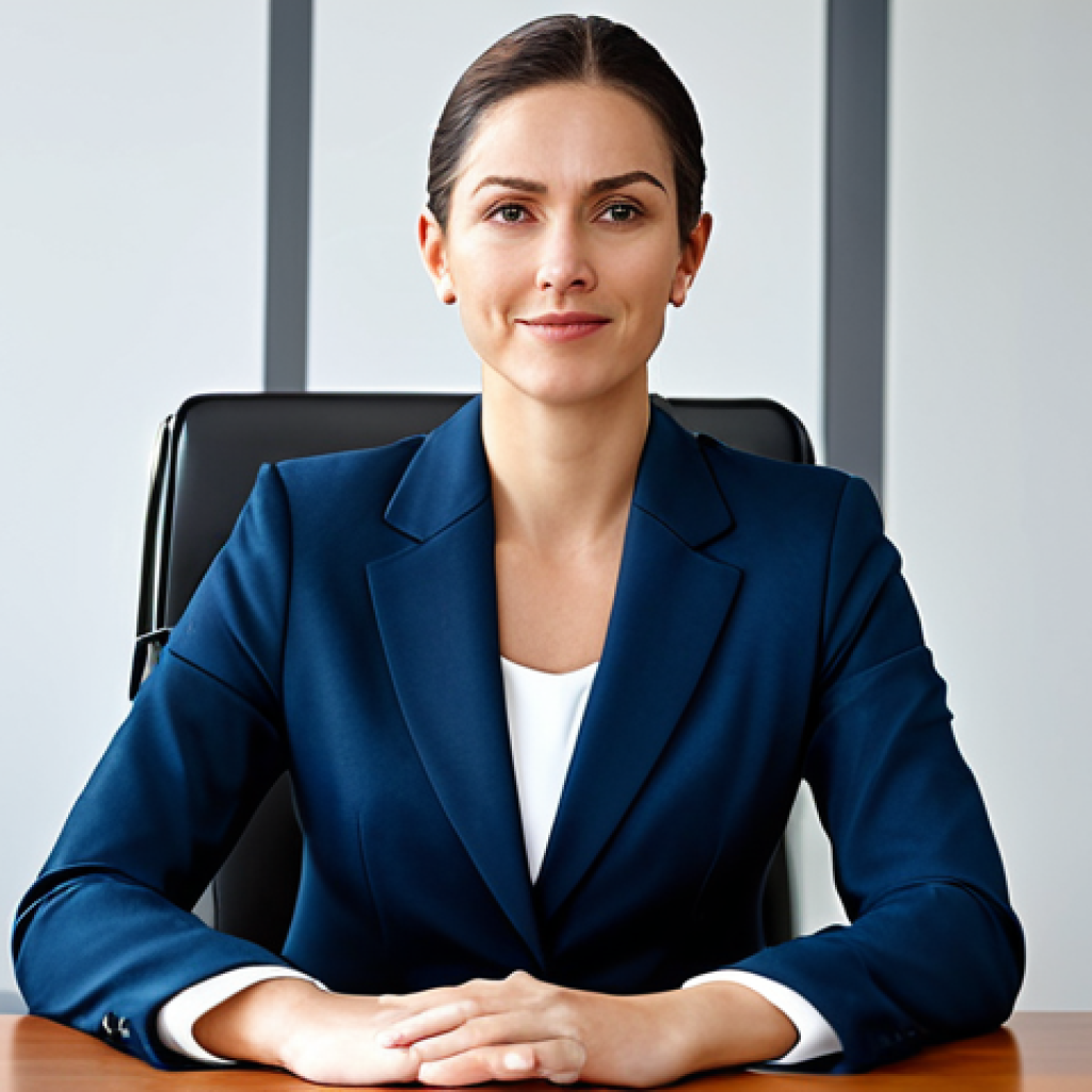 AI 기술의 산업별 활용 사례 - **A professional businesswoman in a modest business suit, sitting at a desk in a modern office, full...