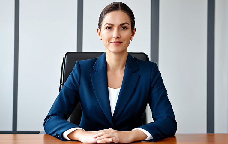 AI 기술의 산업별 활용 사례 - **A professional businesswoman in a modest business suit, sitting at a desk in a modern office, full...