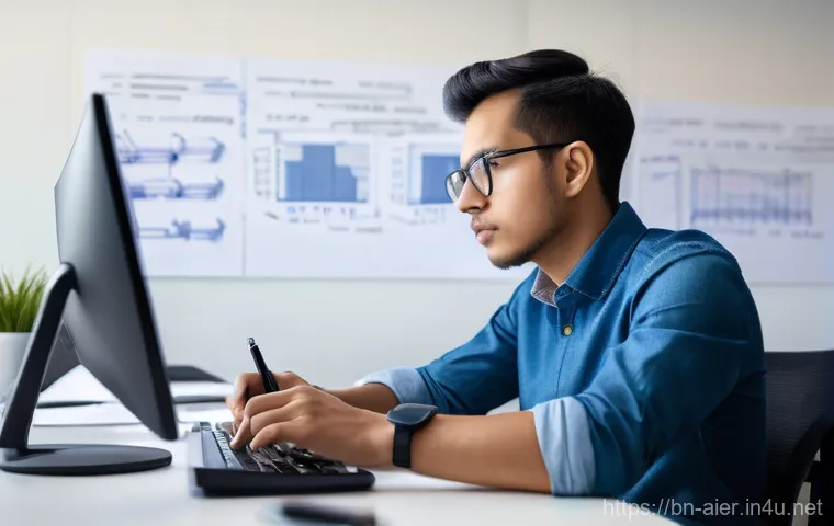 AI 개발자를 위한 코딩 테스트 팁 - **Prompt: "A focused software engineer, dressed in smart casual attire (like a collared shirt and je...
