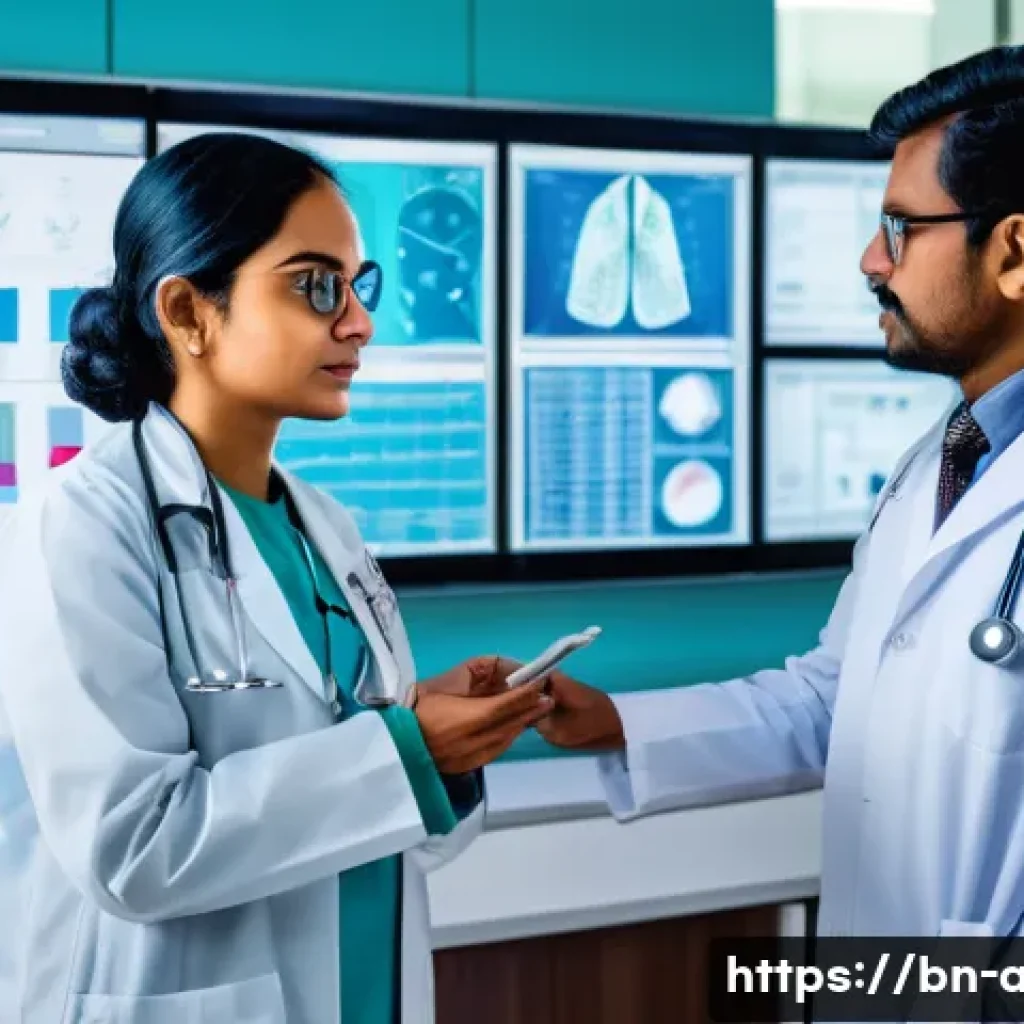 AI 기술을 활용한 예측 분석 사례 - A futuristic hospital scene in Bengal featuring AI-powered cancer detection: a diverse group of Beng...