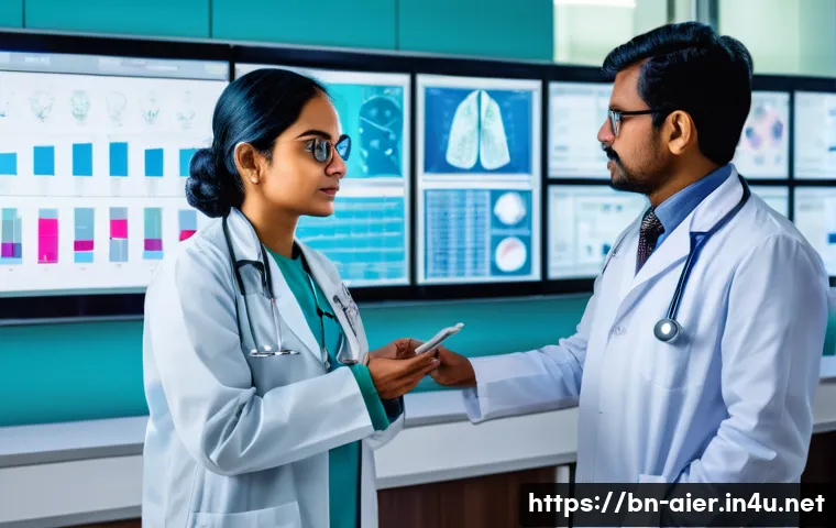 AI 기술을 활용한 예측 분석 사례 - A futuristic hospital scene in Bengal featuring AI-powered cancer detection: a diverse group of Beng...