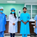 AI 기술과 의료 산업의 융합 사례 - A modern hospital scene in Bangladesh featuring a diverse group of Bengali doctors and nurses using ...