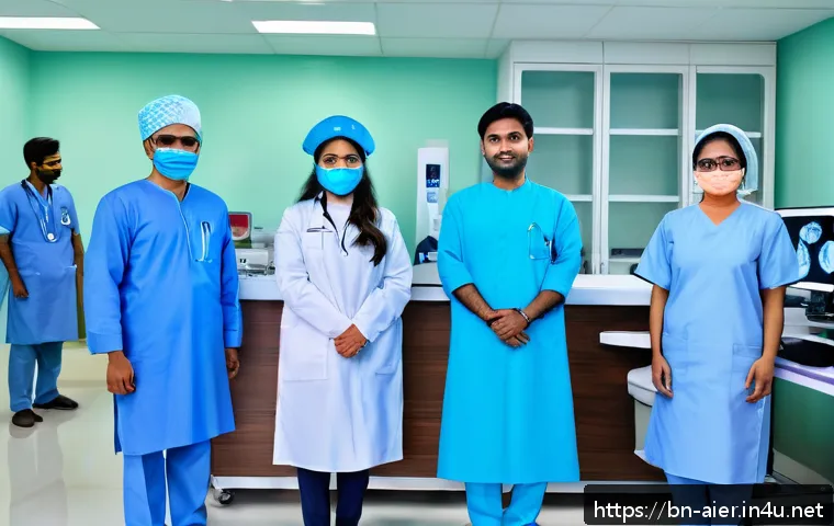 AI 기술과 의료 산업의 융합 사례 - A modern hospital scene in Bangladesh featuring a diverse group of Bengali doctors and nurses using ...
