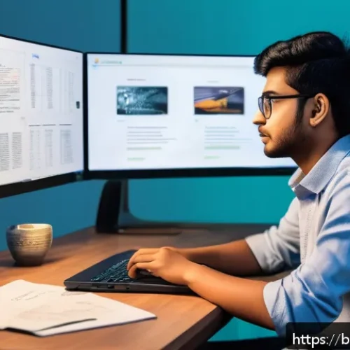 AI 전문가의 취업 과정 체험기 - A detailed digital illustration of a young Bengali AI student sitting at a modern desk with a laptop...