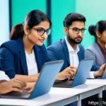 AI 전문가를 위한 재교육 프로그램 - A modern training session for AI professionals in a bright, high-tech classroom setting, featuring d...