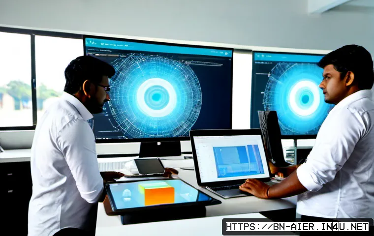 AI 기술 트렌드와 산업 전망 - Photorealistic modern technology research workspace in Bangladesh, a diverse team of professionals r...